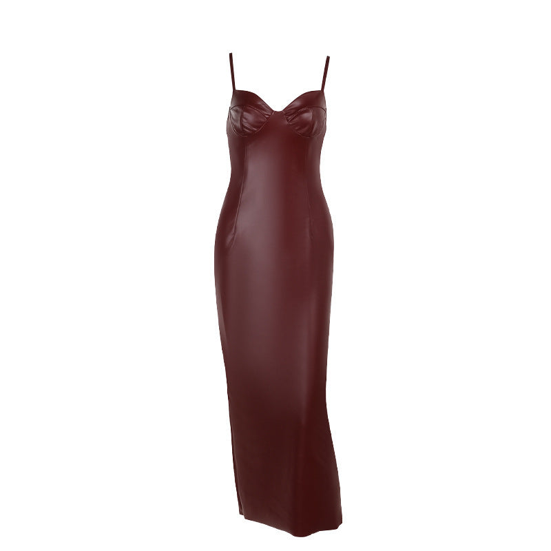 Janet Woman Spaghetti Strap PU Leather Sexy Maxi Dress