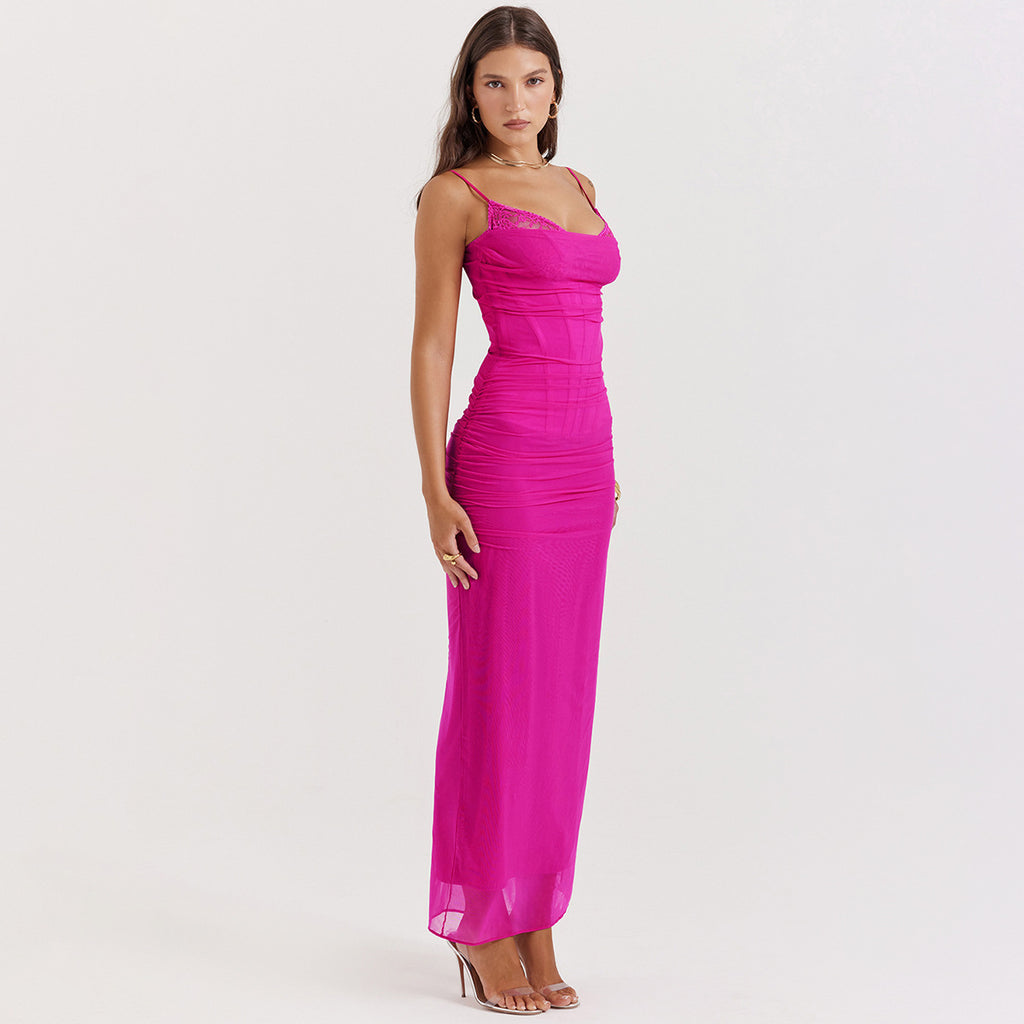 Erika Lace Mesh Sexy Spaghetti Strap Maxi Dress