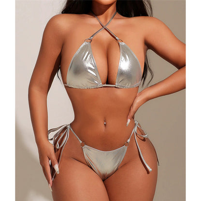 Janet PU Faux Leather Halter Strappy Bikini