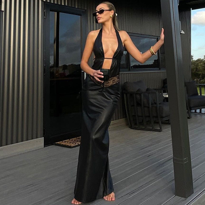 Ella Hollow Out Backless PU Leather Maxi Dress