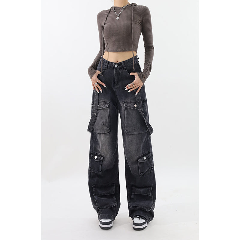 Molly Women Vintage Black Gothic Cargo Jeans