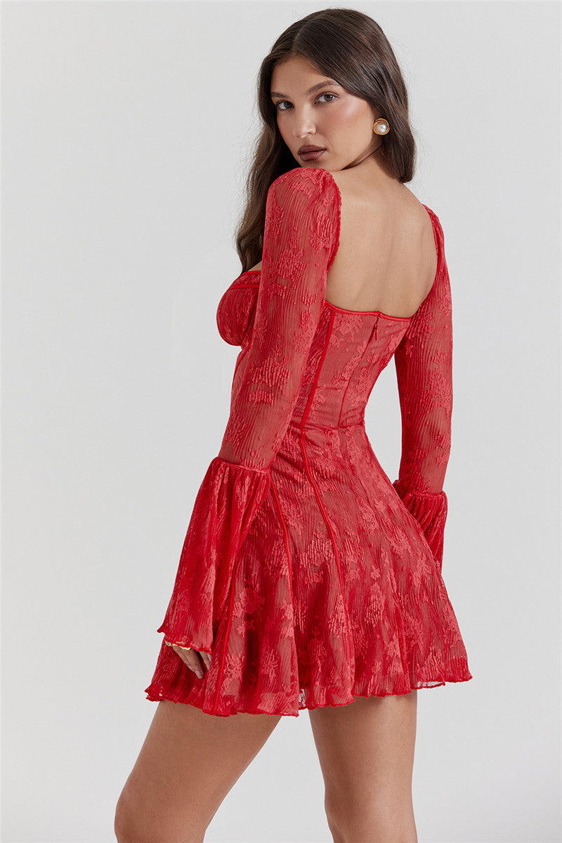Yvonne Backless Long Flare Sleeve Print Mini Dress
