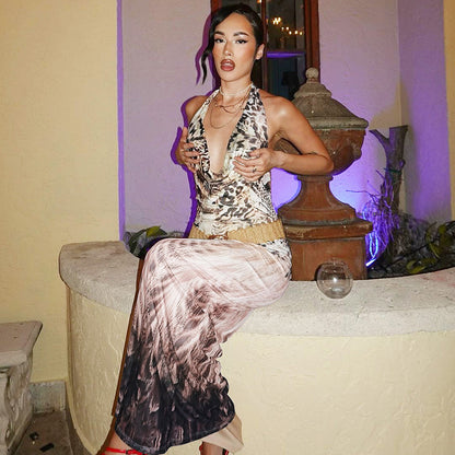 Shannon Backless Print V-neck Lace Up Sexy Maxi Dress