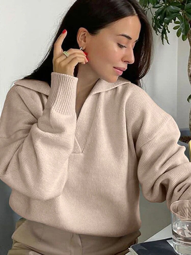 Whitney Solid V-Neck Turn-Down Collar Women Sweater