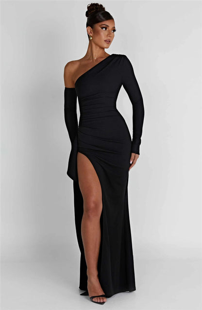 Natalie Oblique Shoulder Thigh High Split Maxi Dress