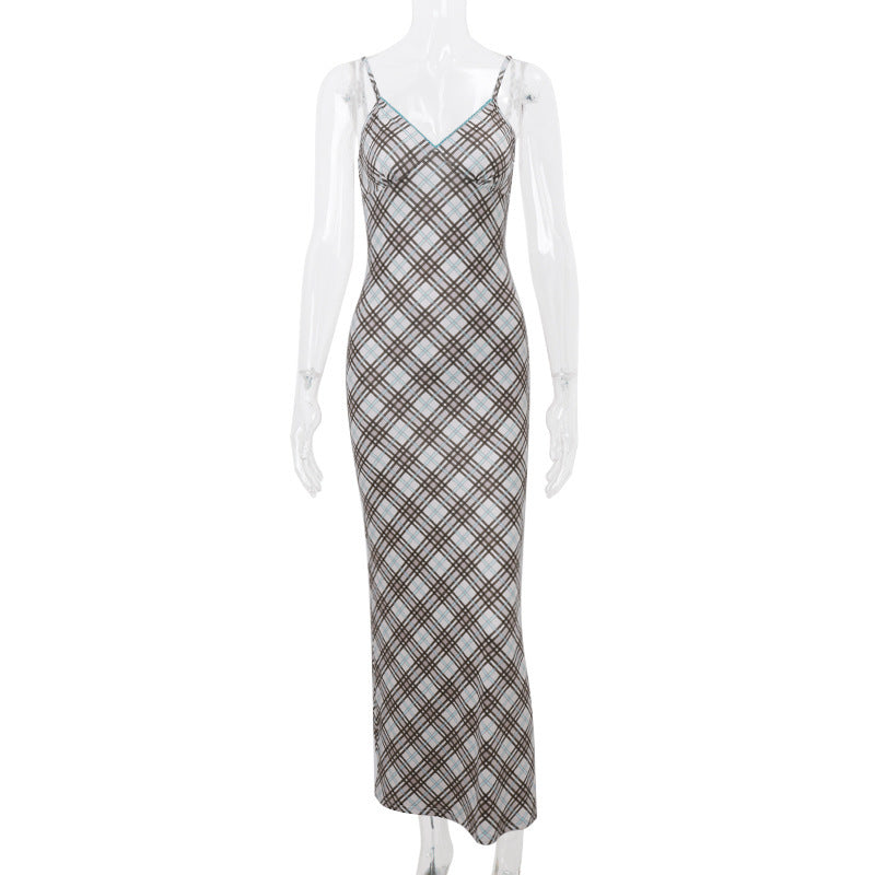 Patsy Spaghetti Strap Grid Long Dress