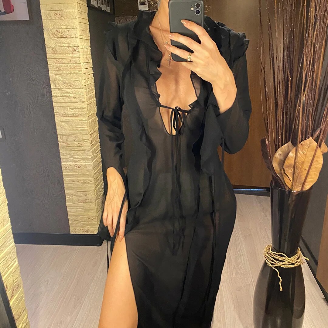 Leah High Split See Through Bodycon Long Dress