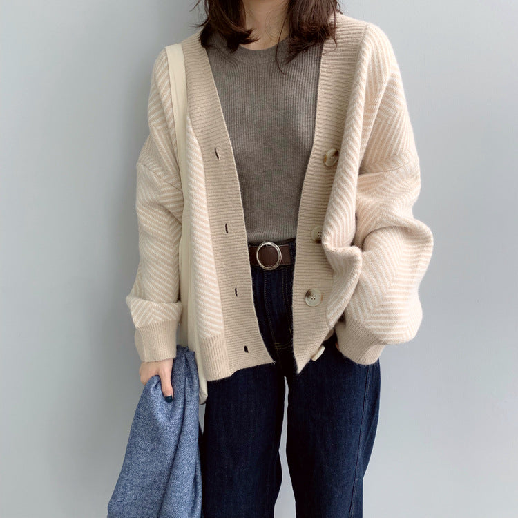 Lillian V-Neck Striped Loose-Fitting Women Cardigan