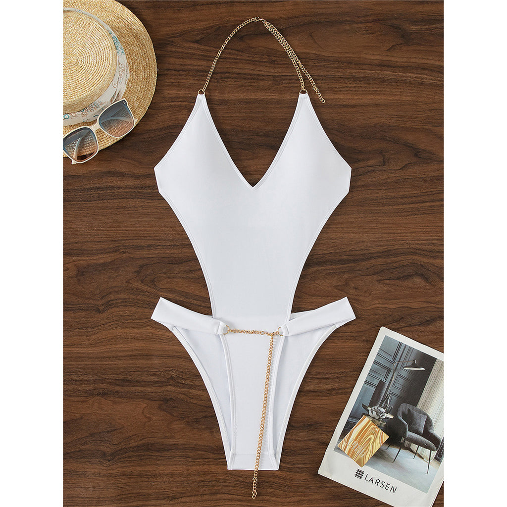 Phyllis V Neck Halter Metal Chains Cut Out One Piece Swimsuit