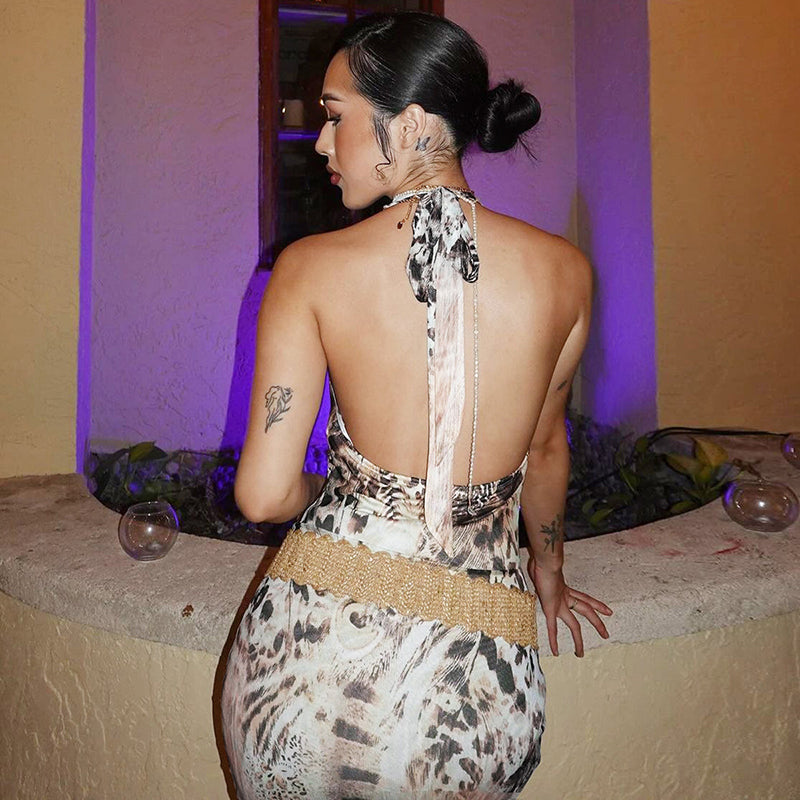 Shannon Backless Print V-neck Lace Up Sexy Maxi Dress