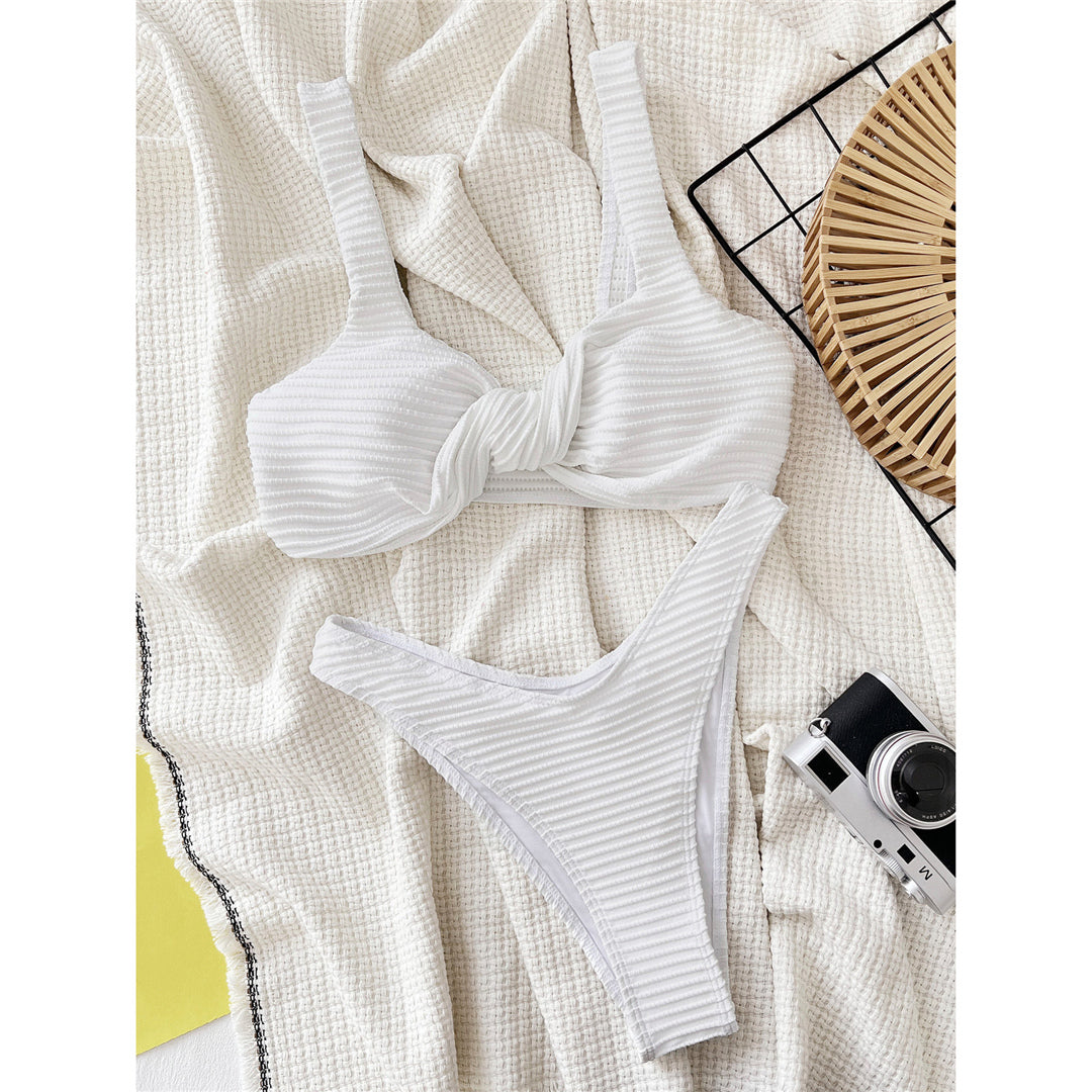 Sally Ribbed Knotted Brazilian High Leg Cut Bikini