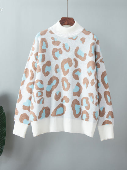 Vicki Leopard Print Turtleneck Oversize Women Jumper