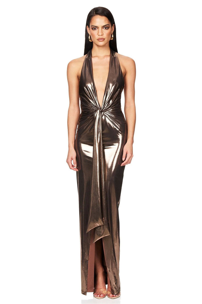 Beryl Shiny Ruched Sexy Maxi Dress