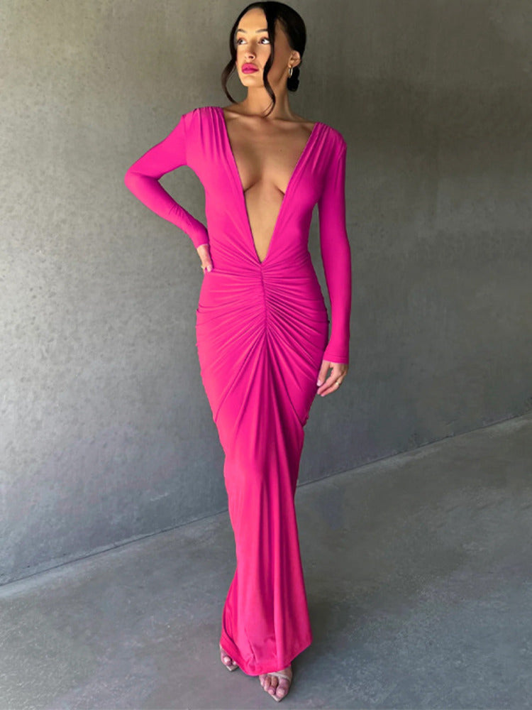 Ruby Deep V Neck Ruched Maxi Dress
