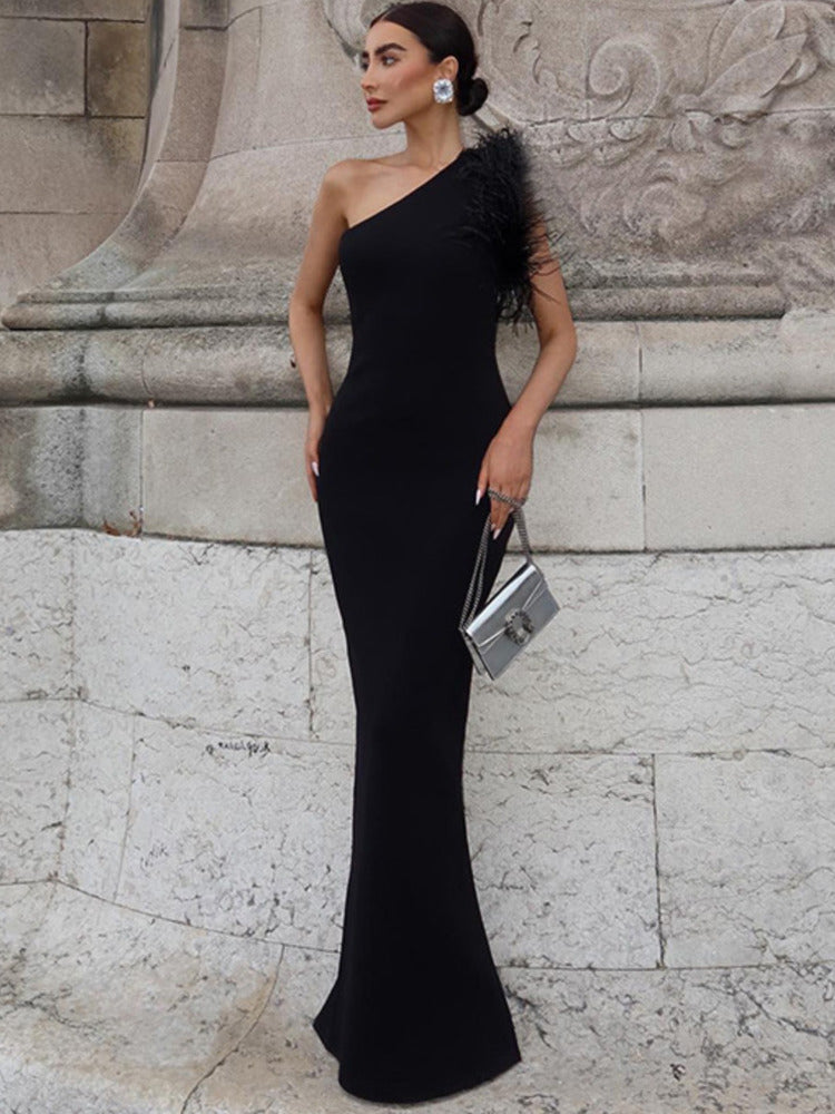 Diana One Shoulder Feather Backless Sexy Maxi Dress