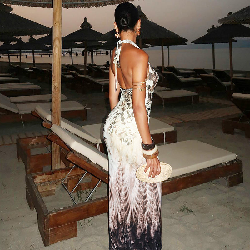 Shannon Backless Print V-neck Lace Up Sexy Maxi Dress