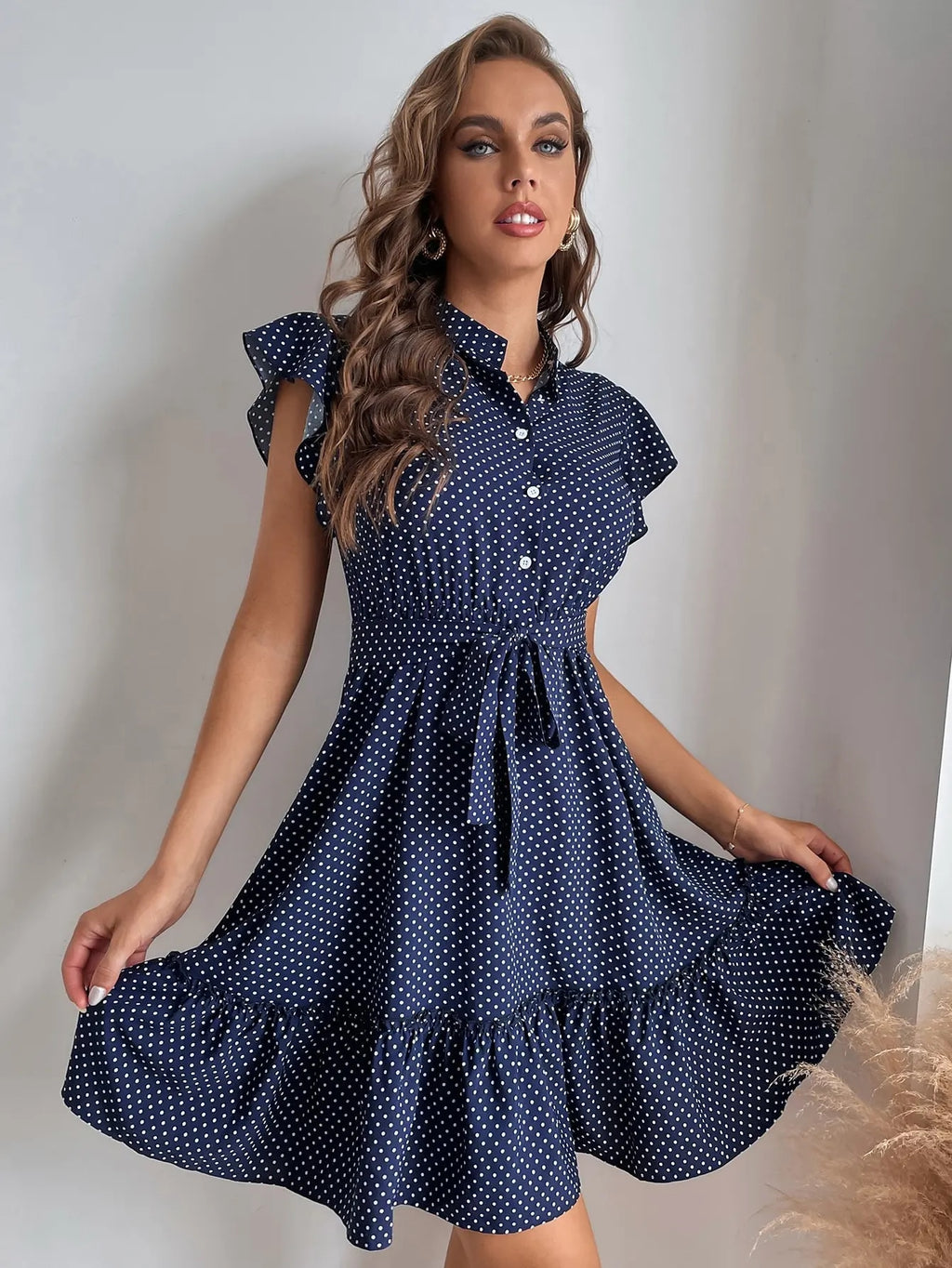 Grace Polka Dot Printed Butterfly Sleeves Dress