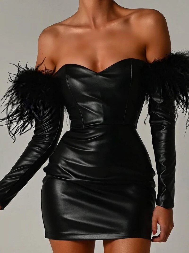 Beth Off-shoulder Feather Sleeve PU Leather Mini Dress