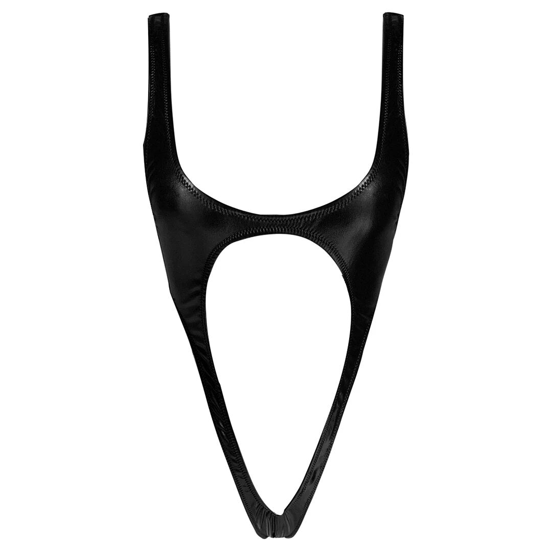 Alice Shiny PU Faux Leather Sexy Cut Out Thong One Piece Swimsuit