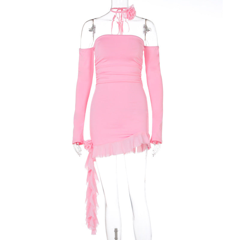 Phyllis Halter 3D Flower Ruffle Mini Dress