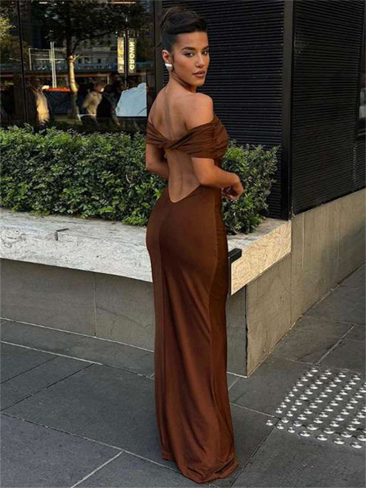 Wendy Pleated Off-Shoulder Elegant Long Dress
