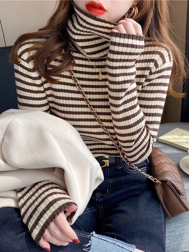 Peggy Stripe Basic Knitted Women Turtleneck Sweater