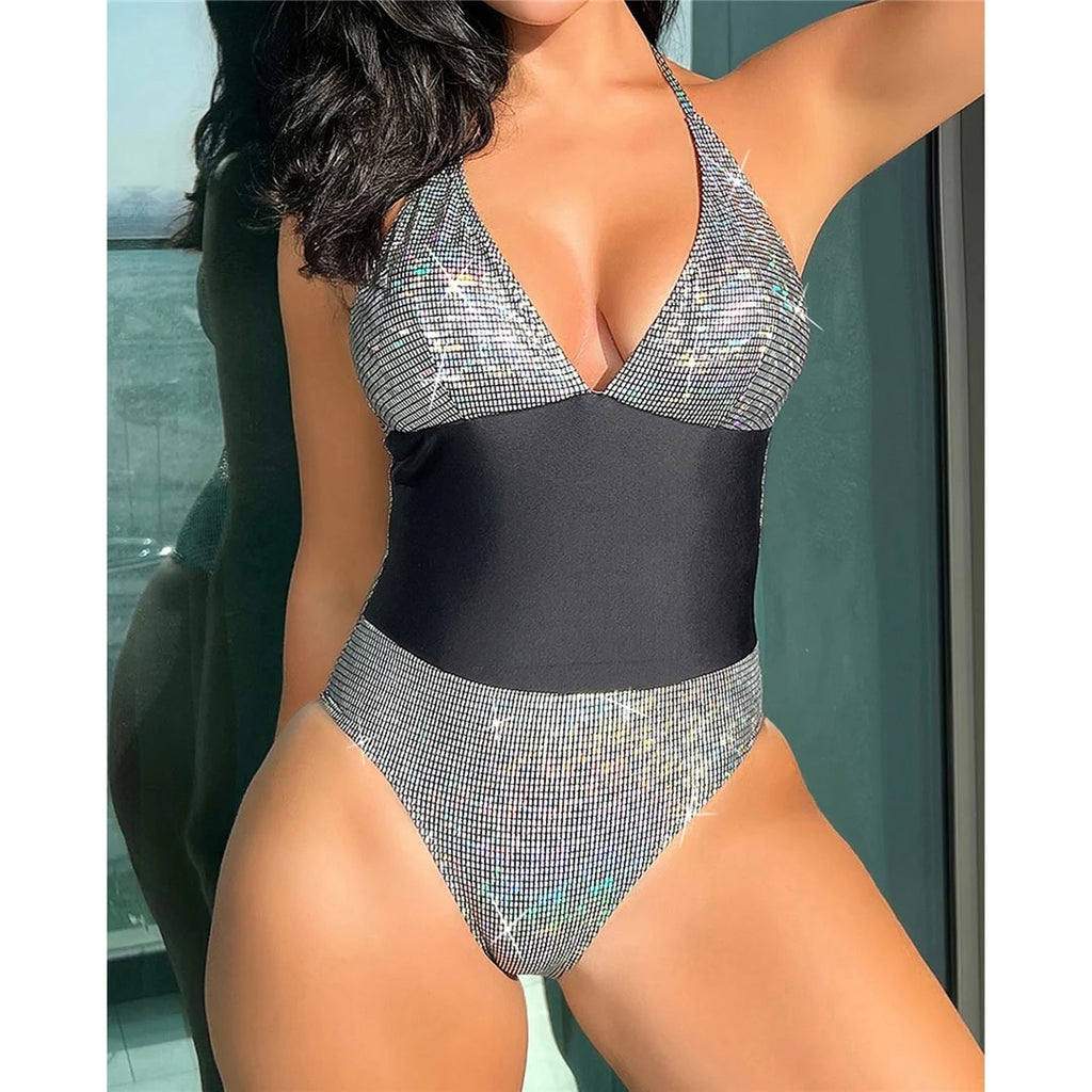 Anita V Neck Halter Plaid High Leg Cut One Piece Swimsuit