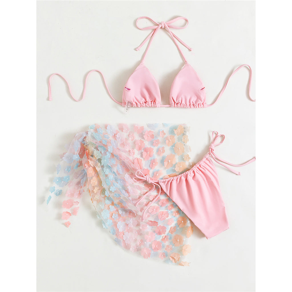 Cindy Sexy With 3D Flower Sarong Halter Bikini