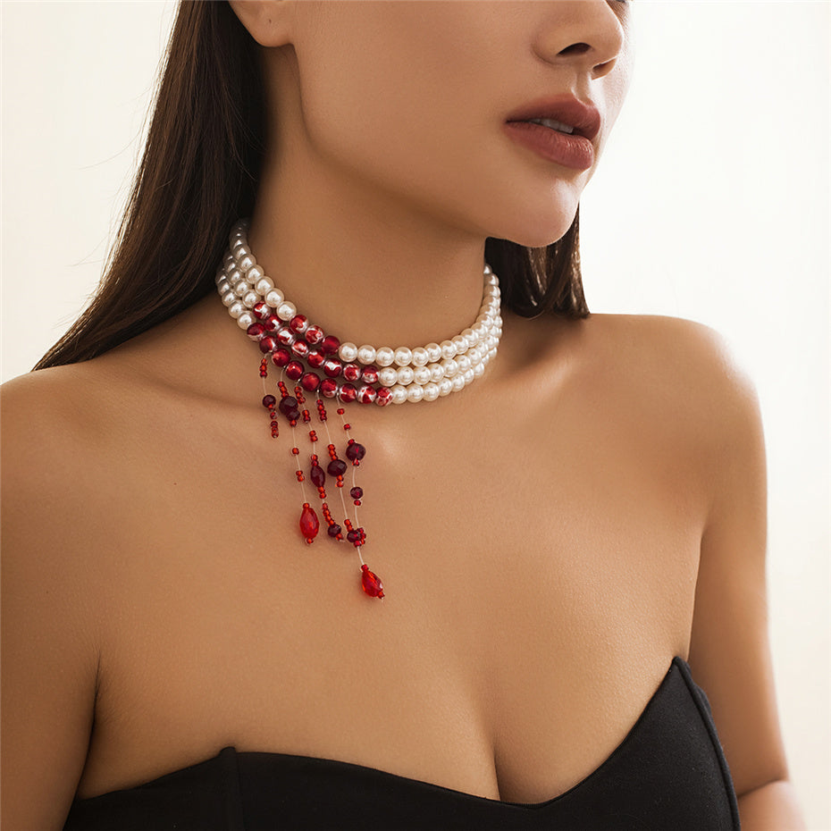 Dorothy Red Blood Pattern Pearl Tassel Pendant Necklace