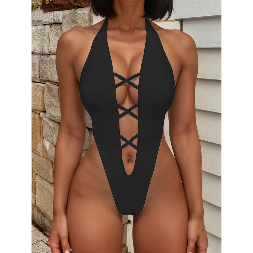 Pat Deep V Neck Mini Thong Cross Back Monokini