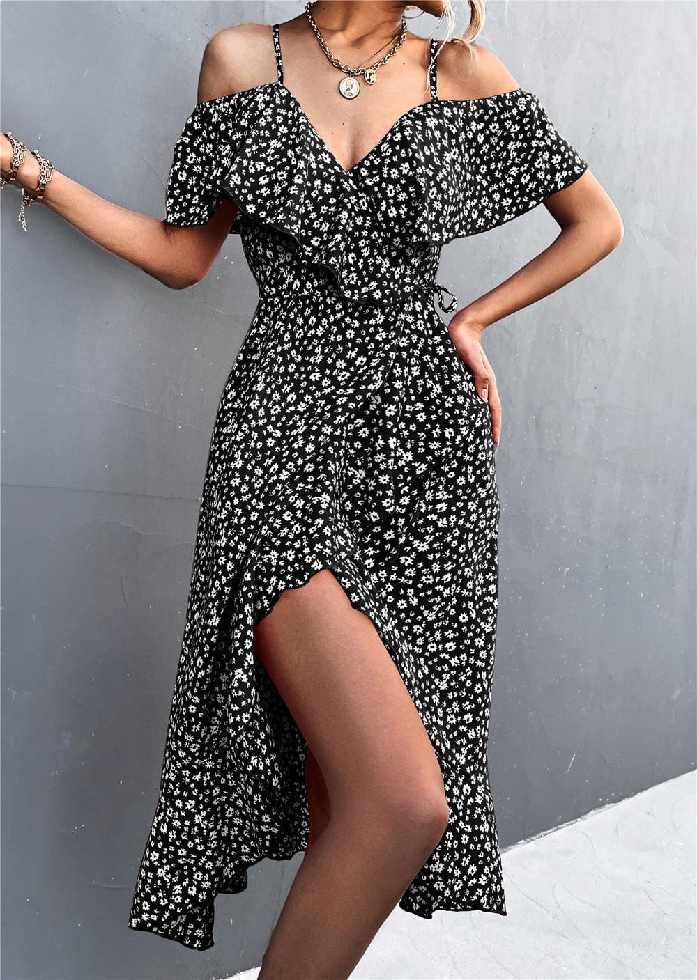 Rita Floral Backless Ruffle Slit Midi Dress