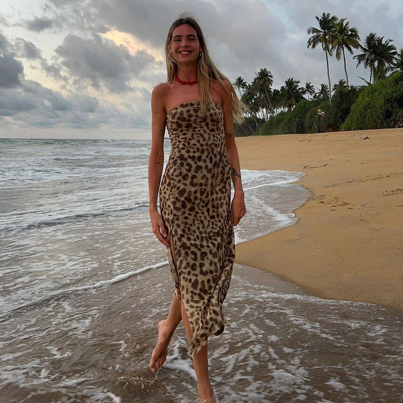 Ruby Vintage Leopard Print Sexy Straps Long Dress