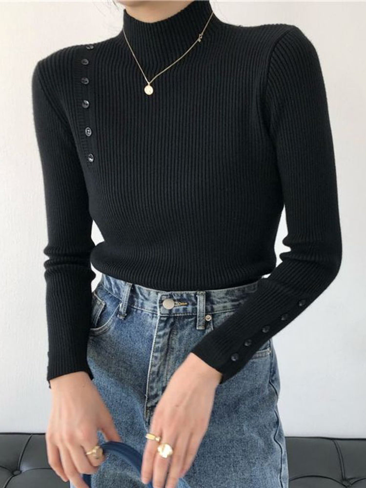 Laurie Long Sleeve Button Turtleneck Woman Sweater