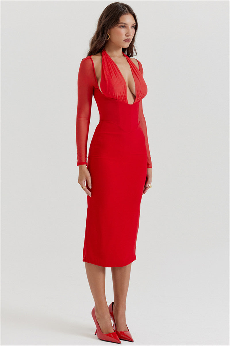 Teresa Halter Deep V Neck Sexy Midi Dress