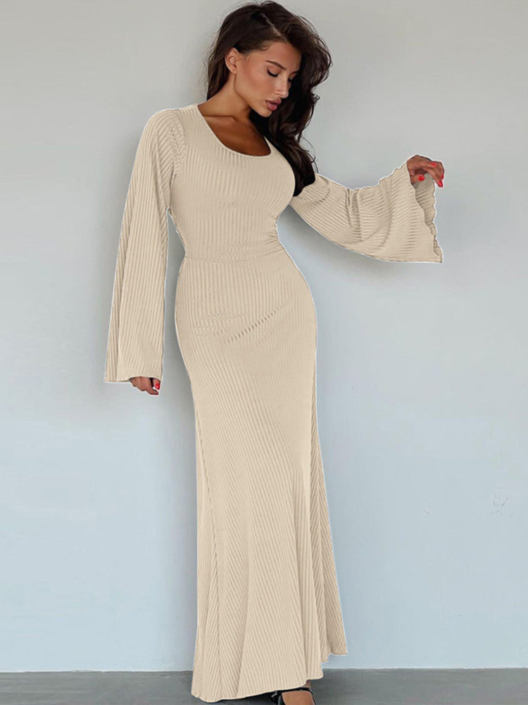 Nikki Ribbed Lace-up Long Sleeve Maxi Dress