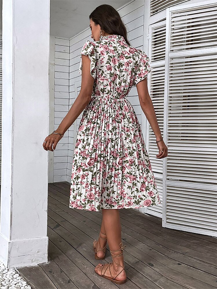 Marilyn Vintage Floral Print Pleated Midi Dress