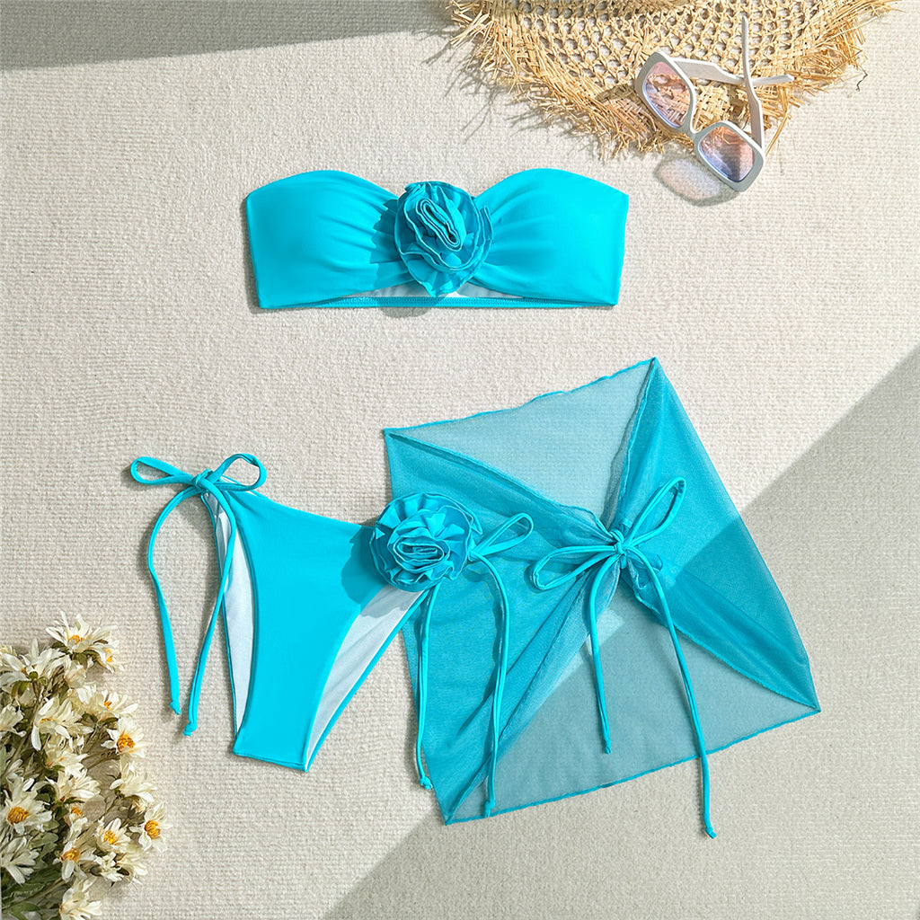 Paris 3D Flowers With Sarong Bandeau Bikini