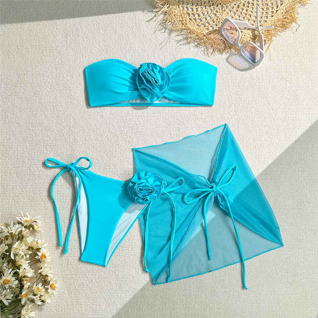 Paris 3D Flowers With Sarong Bandeau Bikini