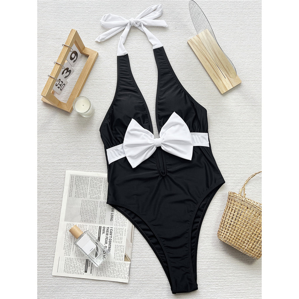Jamie Bow Splicing Deep V Neck Halter One Piece Swimsuit