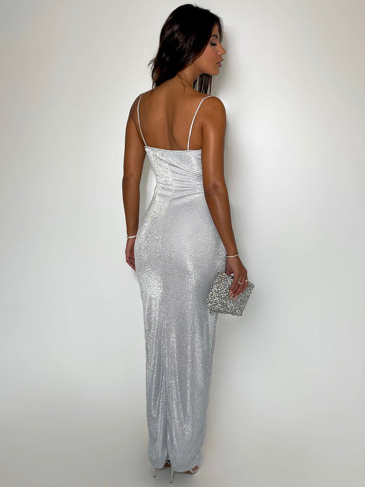 Judith Spaghetti Strap Sparkle Thigh High Split Maxi Dress