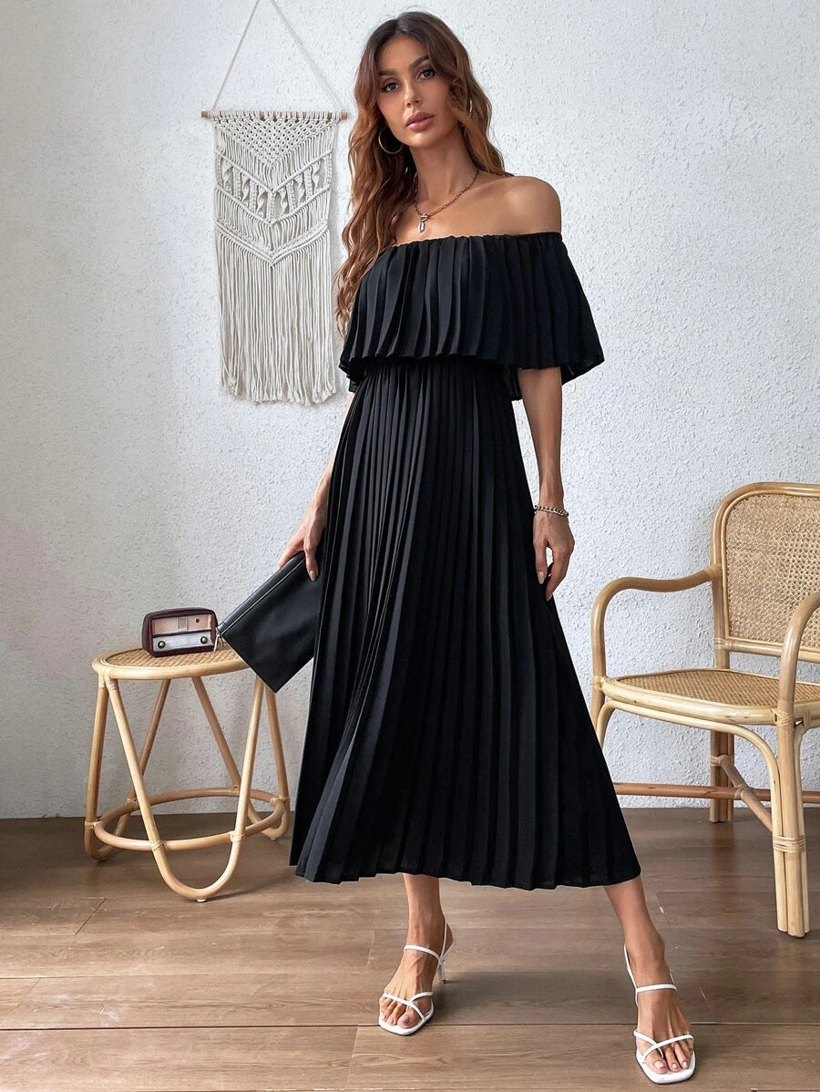 Pleated Backless Off Shoulder Long Dress