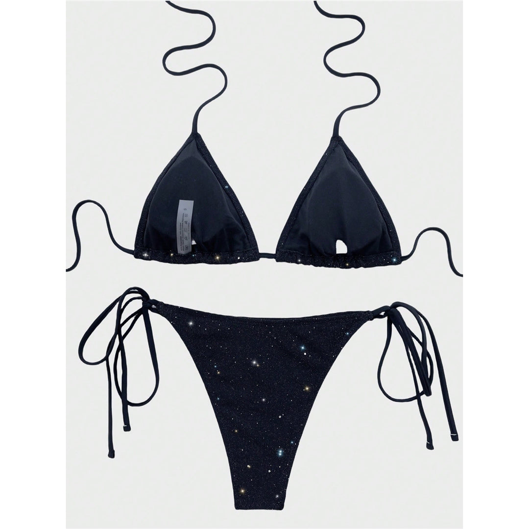 Ruby Glitter Sparkling Halter High Leg Cut Bikini