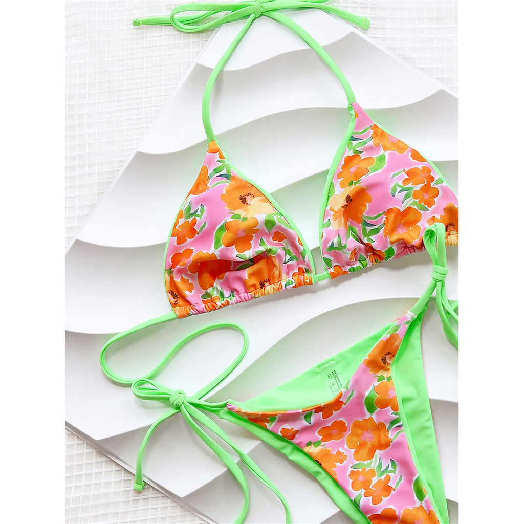 Patty Flowers Printed Halter Strappy Bikini