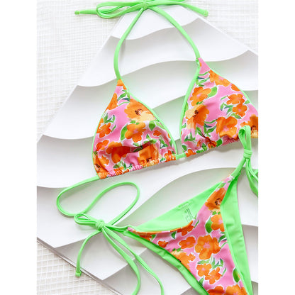 Patty Flowers Printed Halter Strappy Bikini