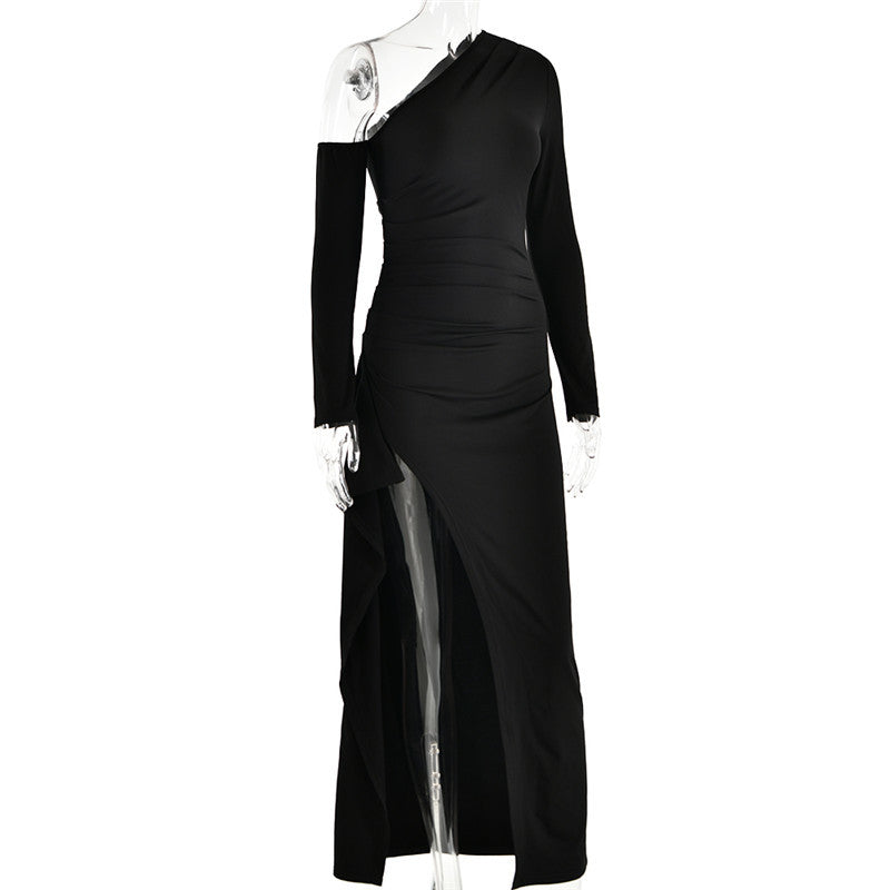 Natalie Oblique Shoulder Thigh High Split Maxi Dress