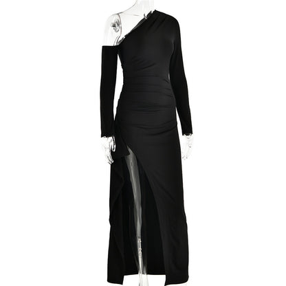 Natalie Oblique Shoulder Thigh High Split Maxi Dress
