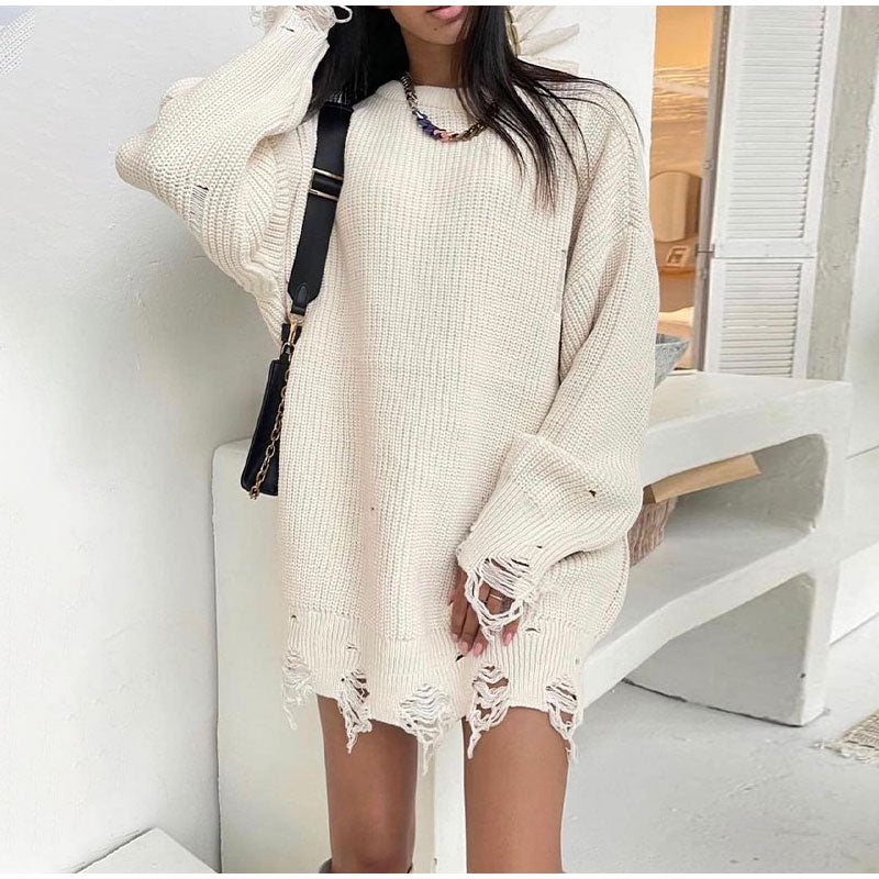 Cindy Ripped Crew Neck Long Sleeve Women Knit Sweater