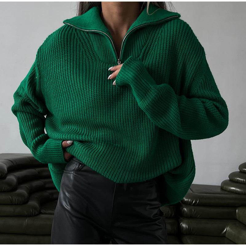 Erika Loose Zipper Lapel Women Pullover