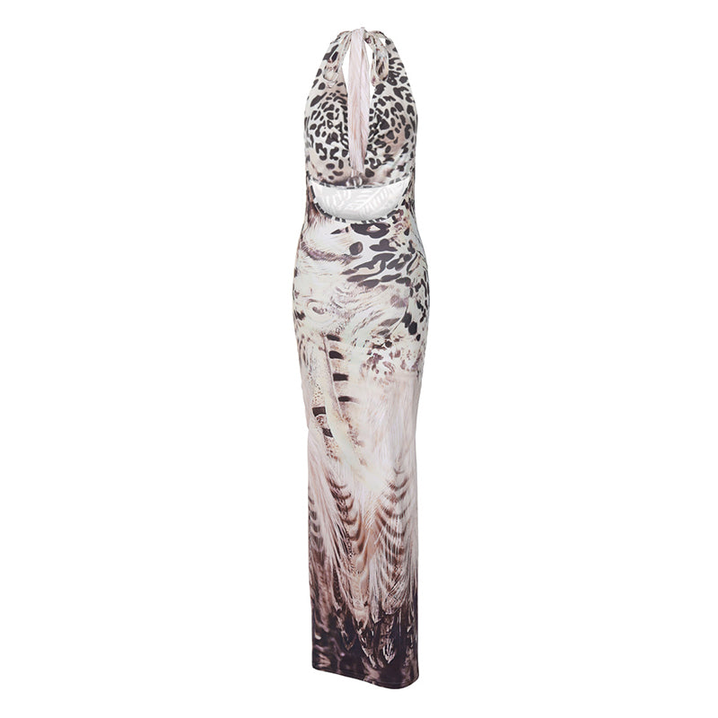 Shannon Backless Print V-neck Lace Up Sexy Maxi Dress