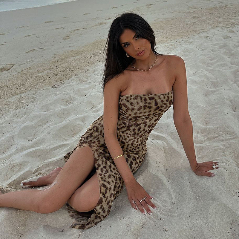 Ruby Vintage Leopard Print Sexy Straps Long Dress